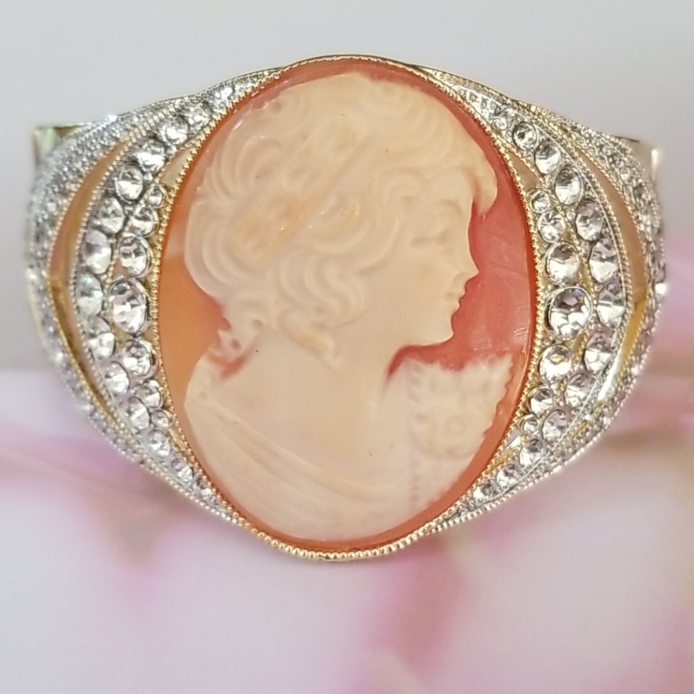 Amedeo Cameo Rhinestone Gold Tone Cuff Bracelet